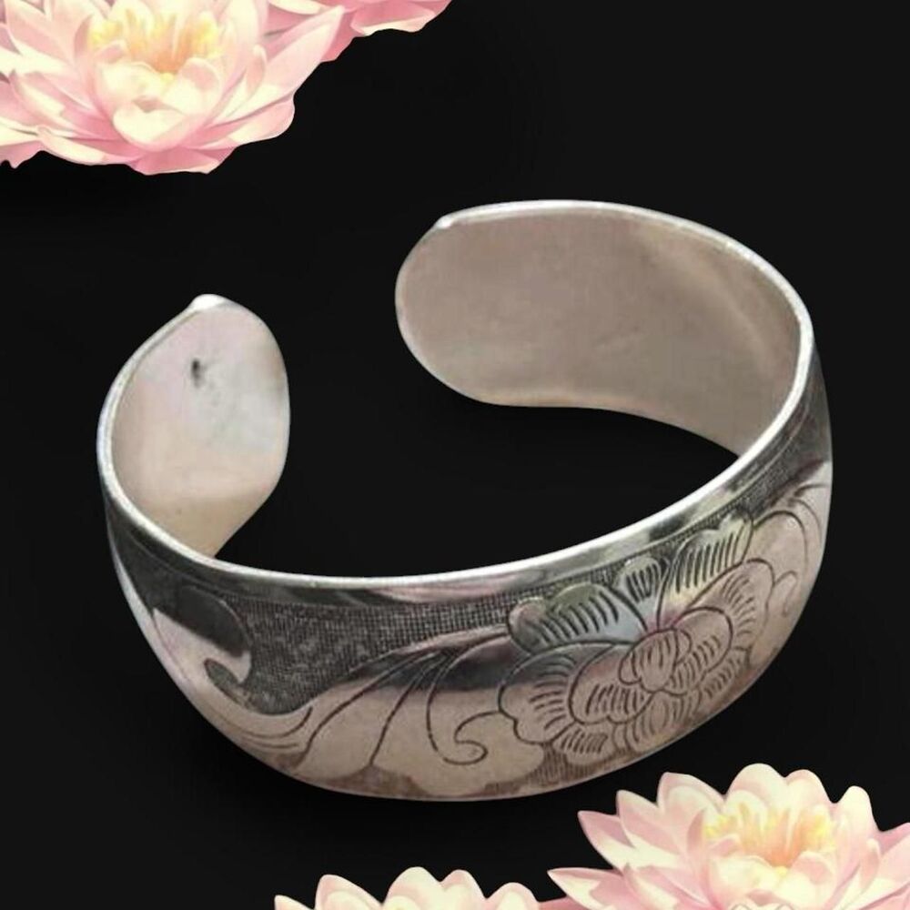 antique style silver plated lotus adjustable cuff bracelet